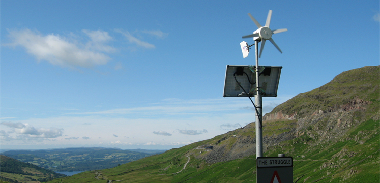 Solar and wind powered sign on The Struggle, above Ambleside copyright Helen Reynolds
