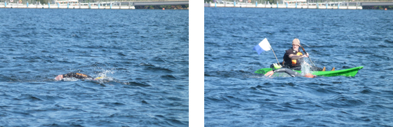 Showing how much easier a swimmer is to spot when next to a support boat