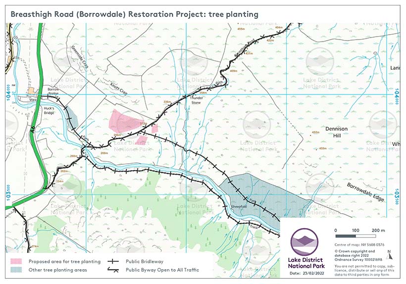Map showing areas of tree planting around Breasthigh Road
