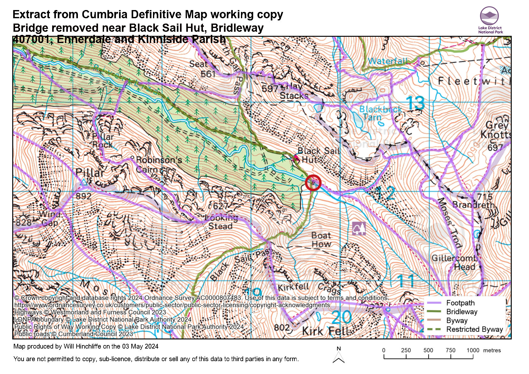 Map showing location of missing bridge near Black Sail Hut