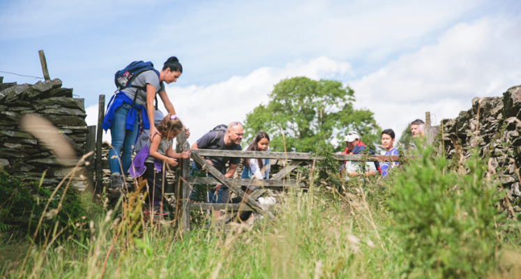 A group of walkers in the Lake District climbing over a gatein summer clothes and green fields