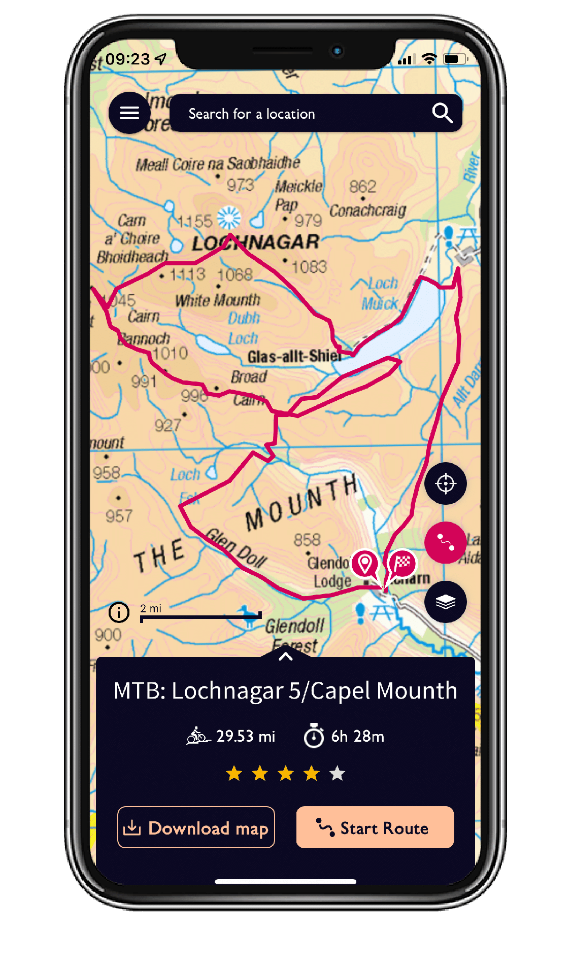 A phone showing a route on OS Maps app