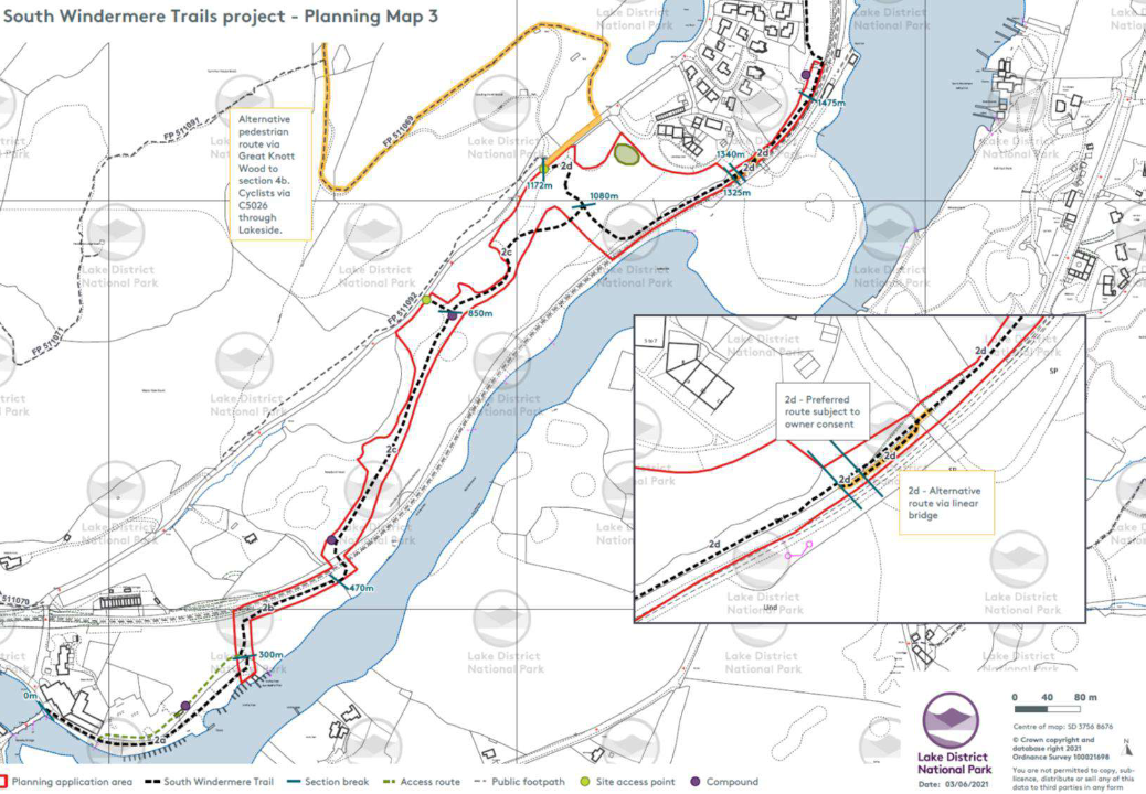 Map showing the first section of path, from Newby Bridge to the Lakeside Hotel and Lakes Aquarium.