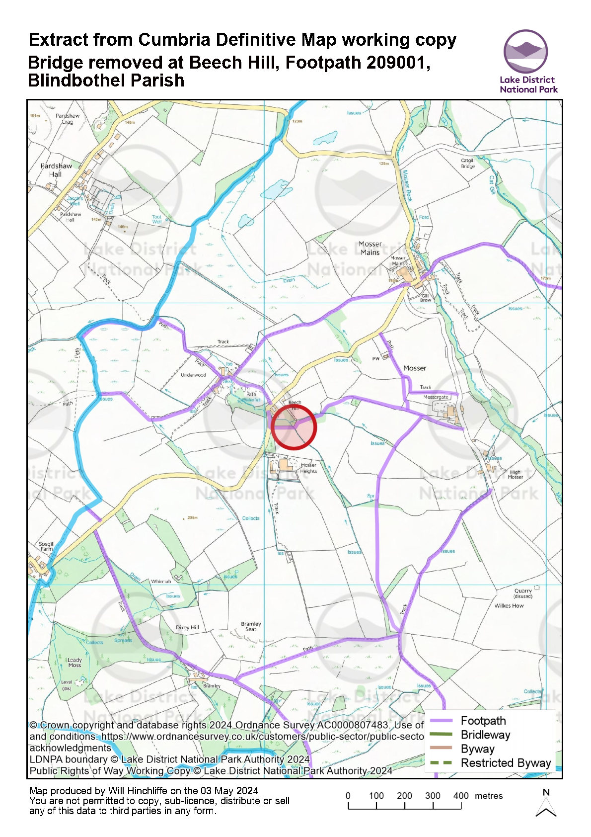 Map showing location of missing bridge at Beech Hill