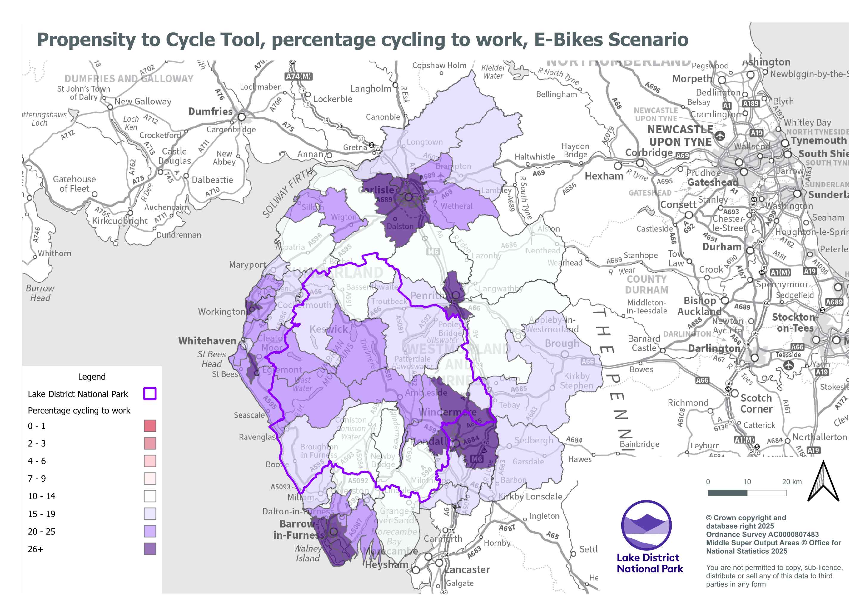 A map showing the Propensity to Cycle Tool E-Bikes