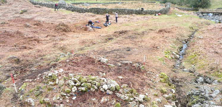 Looking down on Easedale Mill's platform, wheel pit and tail race copyright Oxford Archaeology North