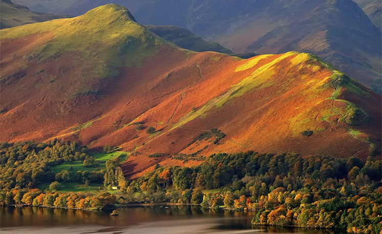 The side of Cat Bells fell with Derwent Water below.