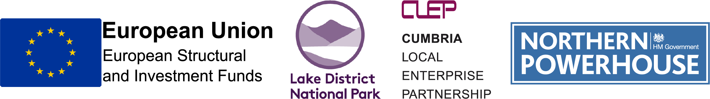 Logo strip including ESIF, Lake District National Park, Cumbria Local Enterprise Partnership and Northern Powerhouse