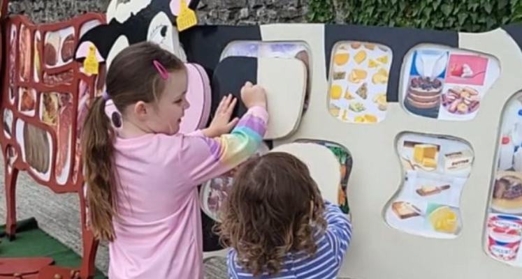 Two young girls looking at visuals on a wooden cow learning about food on a farm