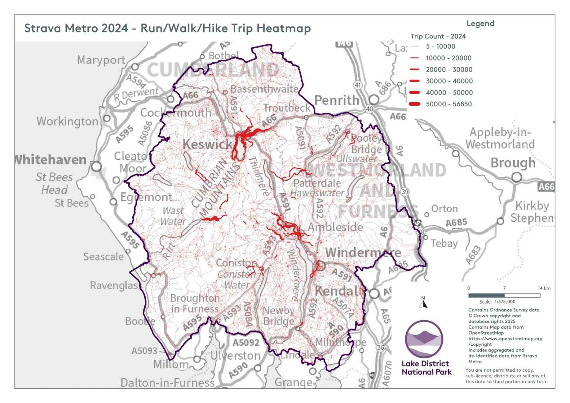 Run, walk and hike trip heatmap, Strava Metro 2024