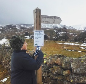 A local breeder Jean Wilson putting up her sheep worrying sign on her land, urging dog owners to keep their dogs under close control during lambing season.