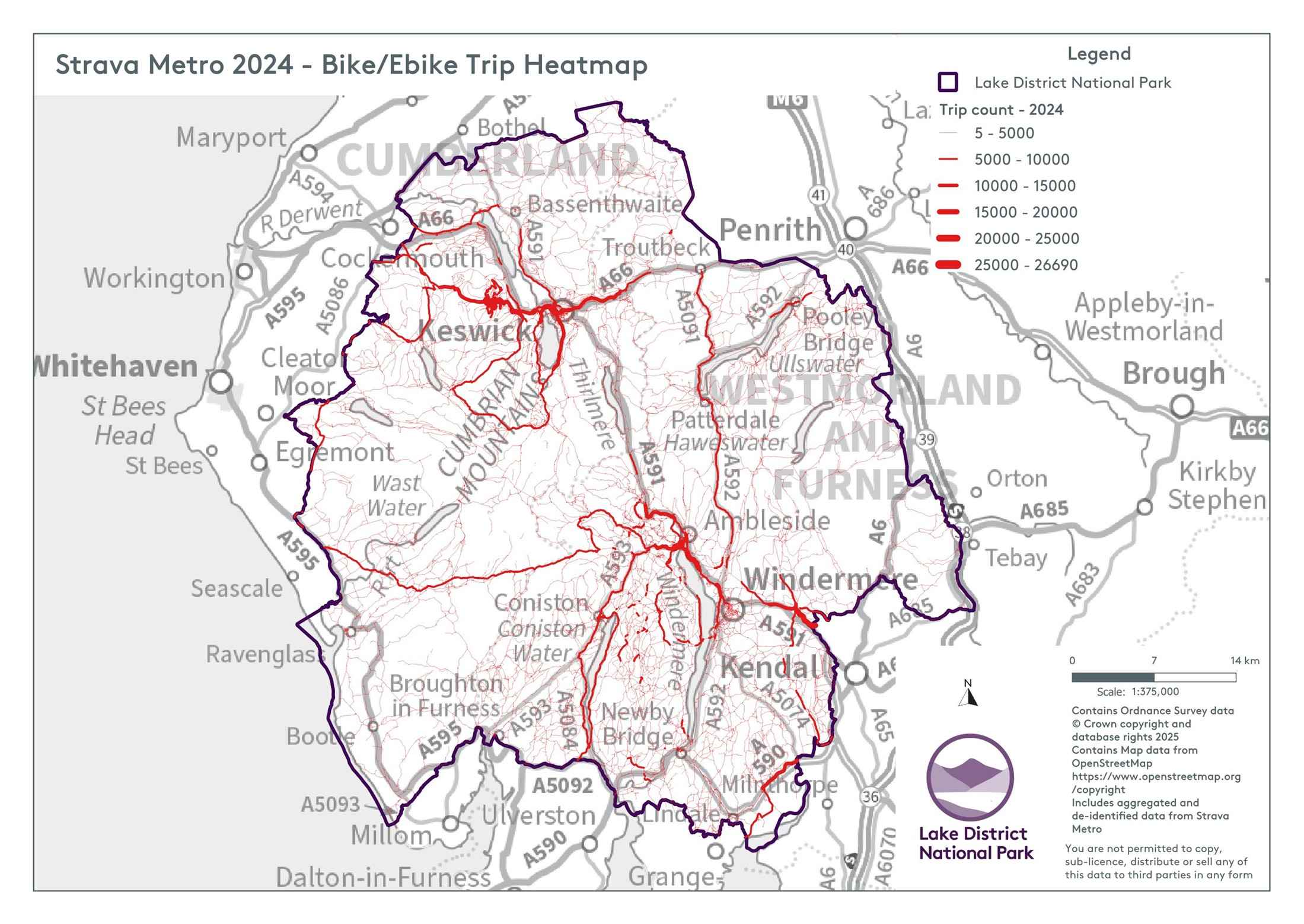 Cycling trip heatmap, Strava Metro 2024