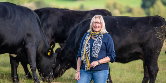 Woman standing in front of cows in a field