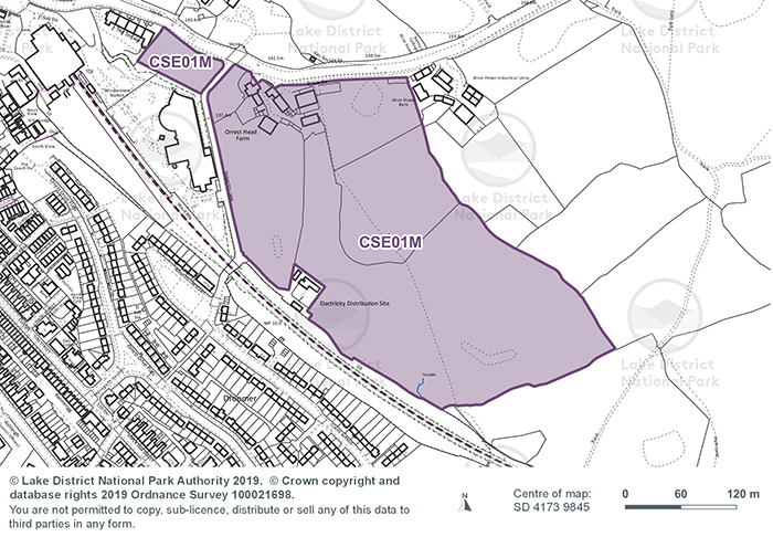 Map showing area of land allocation CSE01M at Orrest Head Farm