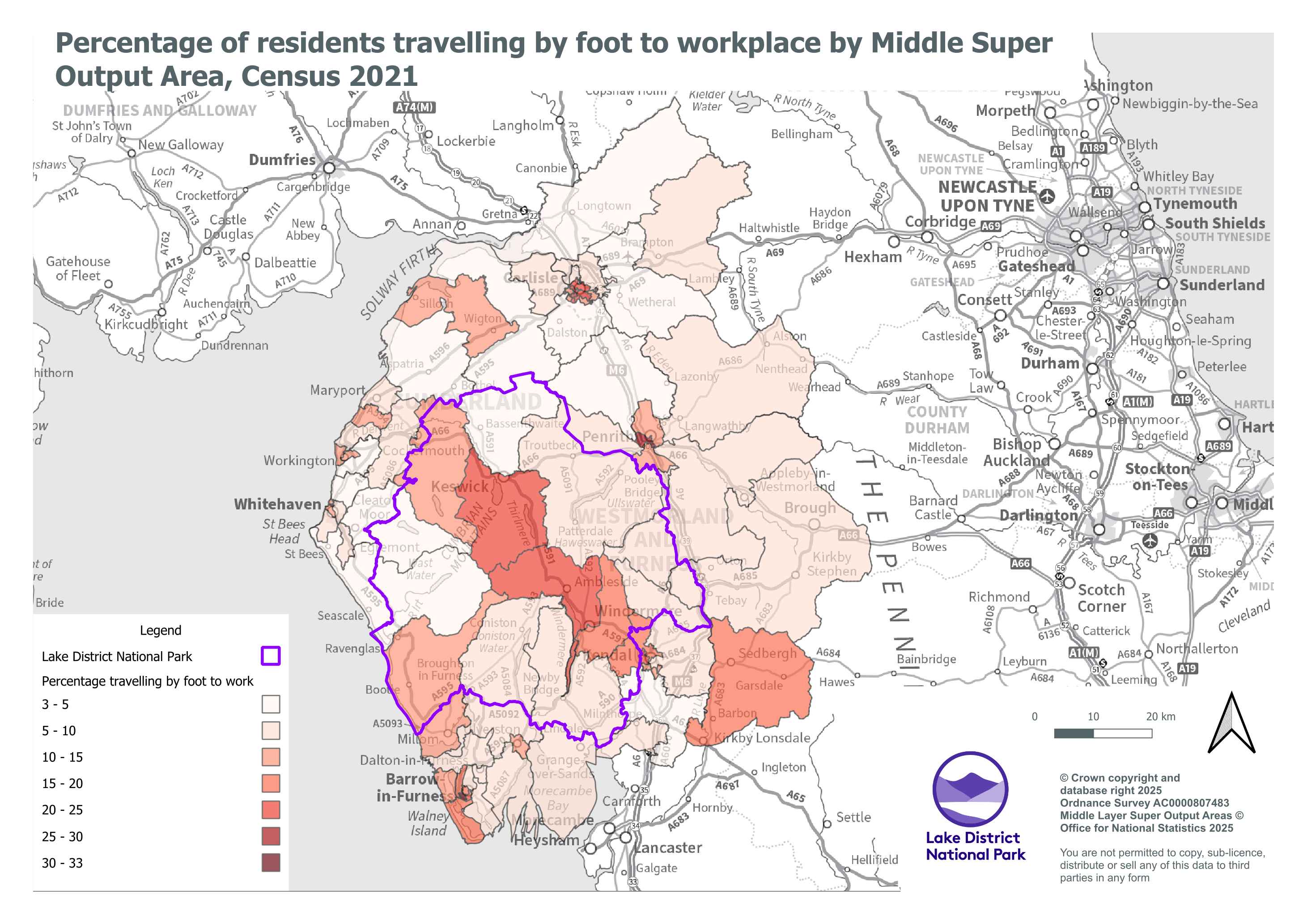 Map showing percentage of residents travelling by foot to workplace by Middle Super Output Area, Census 2021