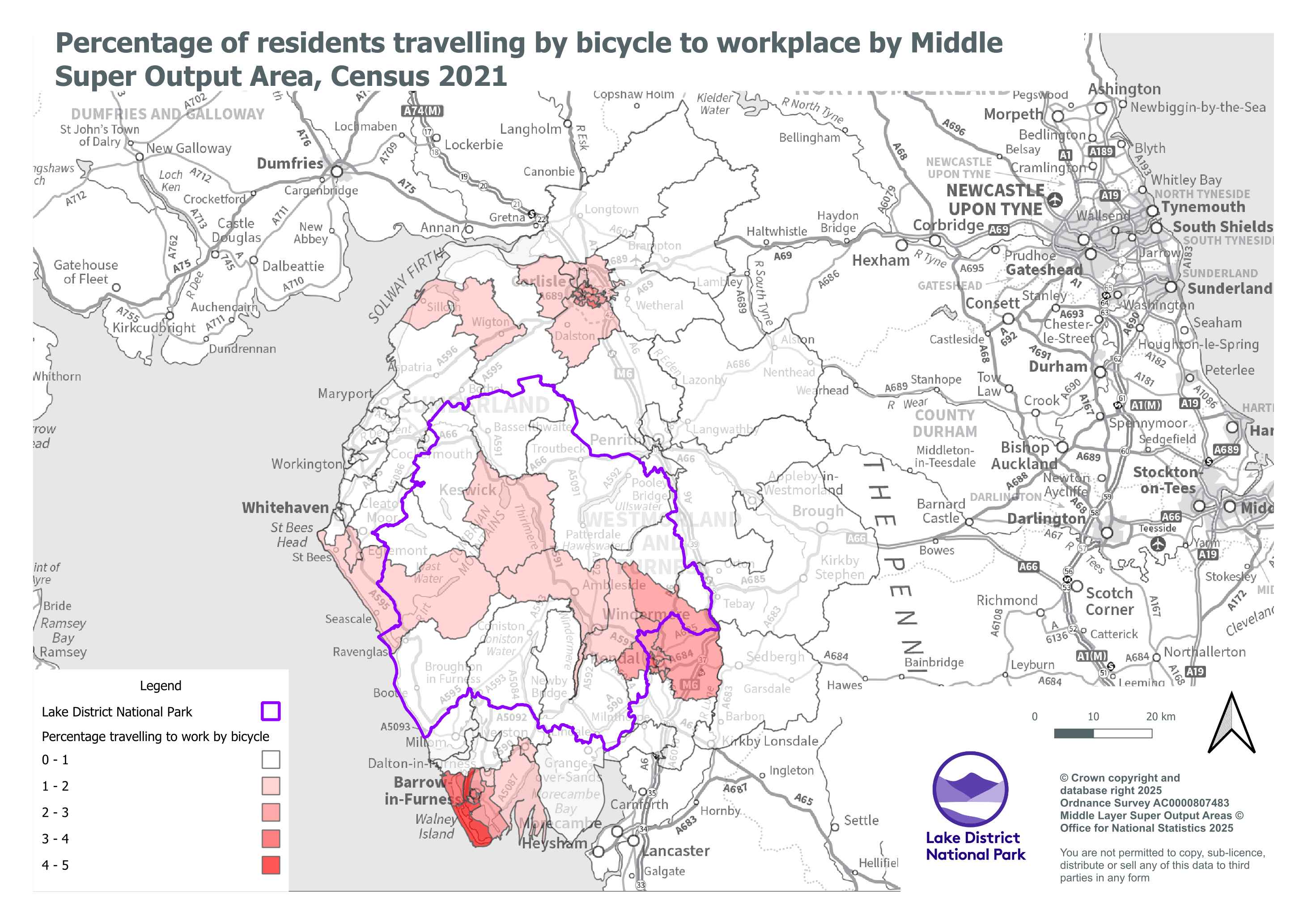 Map showing percentage of residents travelling by bicycle to workplace by Middle Super Output Area, Census 2021