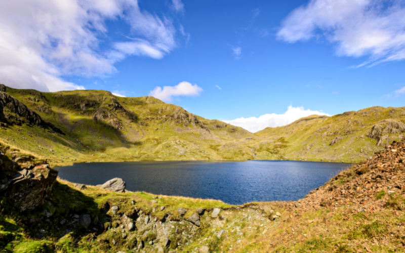 Image of fells surrounding a tarn. 