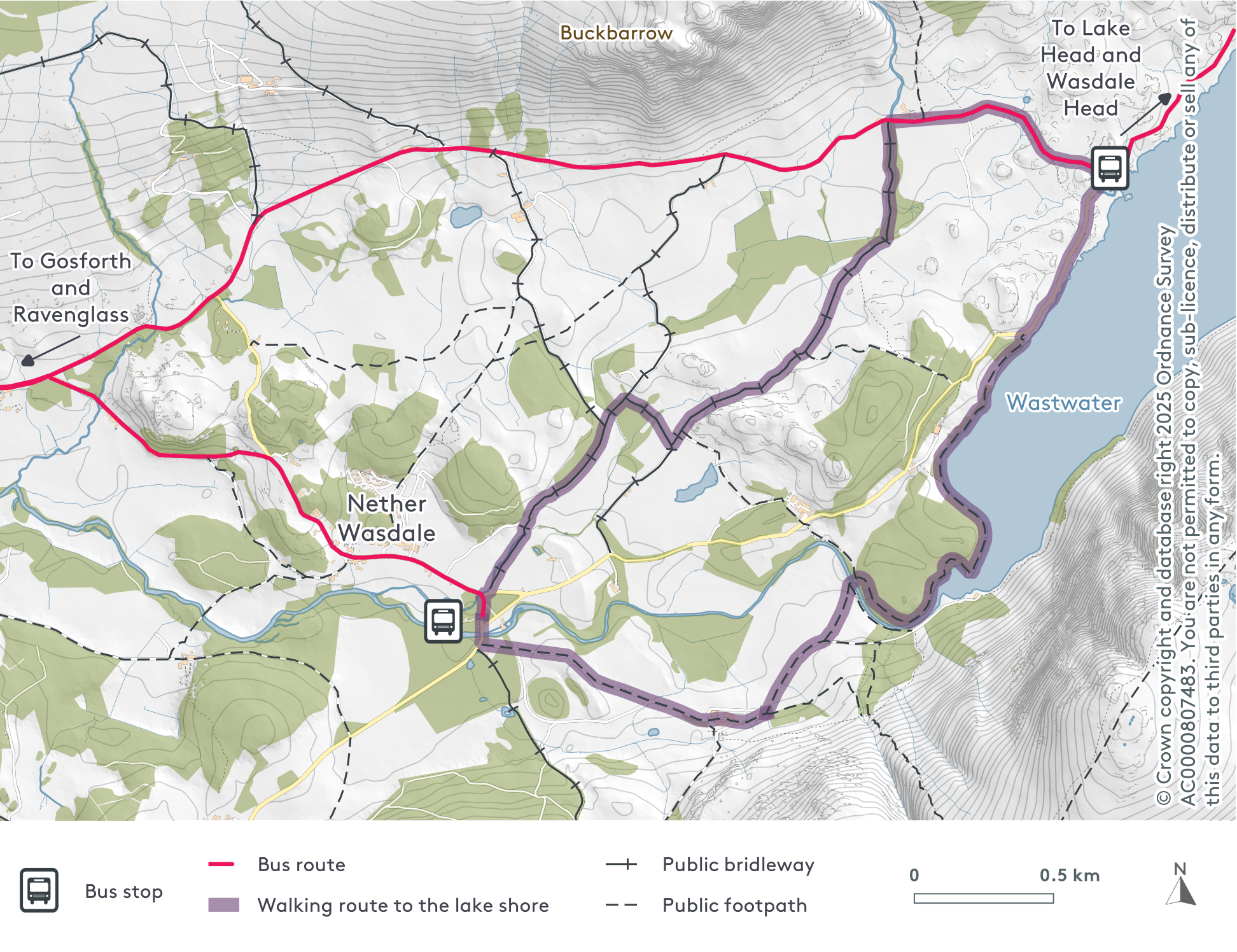 Map showing bus route and surrounding walking routes