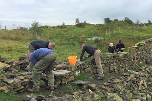 Volunteer work party building a stone step stile 