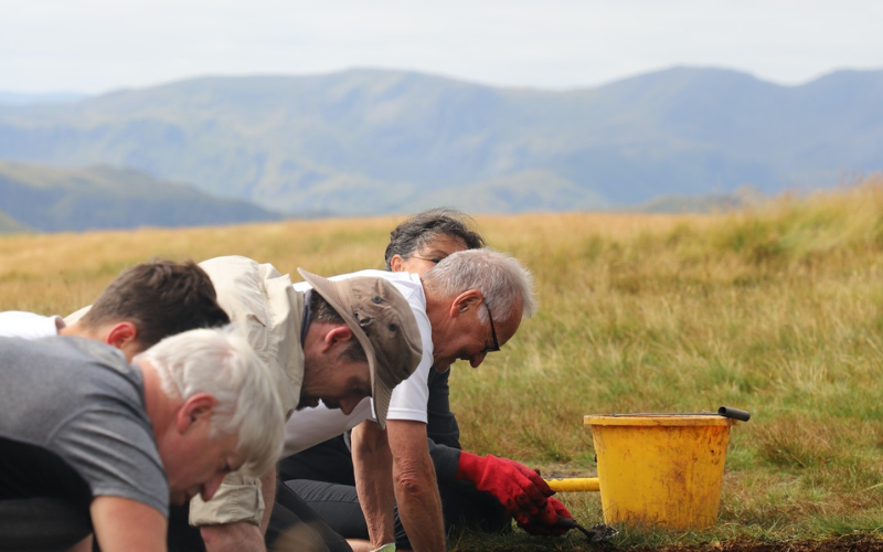 Five people digging in the fells with yellow bucket. 