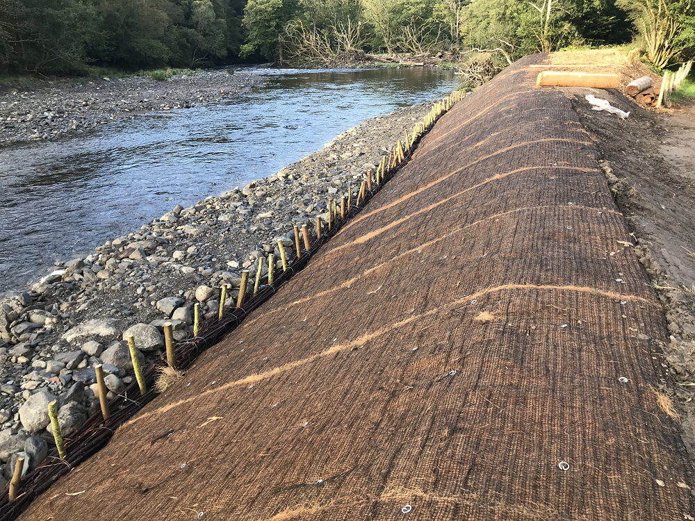 Our photo shows some of the river bank protection. The geo-mesh on top is made from hessian materials laid on top soil and impregnated with seed to promote vegetation growth which will stabilise the bank. The brush bundles soften the energy of river and prevent further bank erosion.